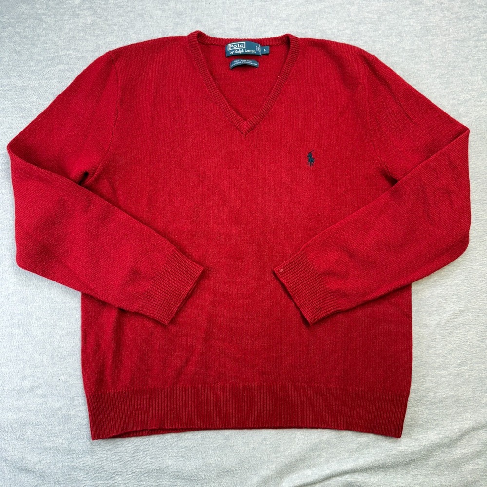 Vintage Polo Ralph Lauren Sweater Mens Large Red V-Neck Lightweight Knit Pony